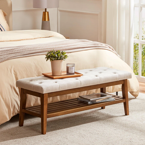 Banc Mid-Century Modern Vietnam en tissu de lin de qualité supérieure + éponge haute densité + bois massif naturel MD06 - Product Image 2