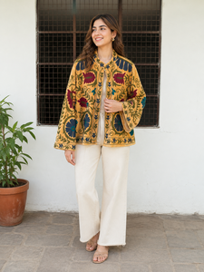 Floral Embroidered Cotton Jacket <b>Women's</b> Mandarin Collar Lantern Sleeve Boho Chic Spring <b>Coat</b> Full Sleeve Handmade Design - Product Image 1