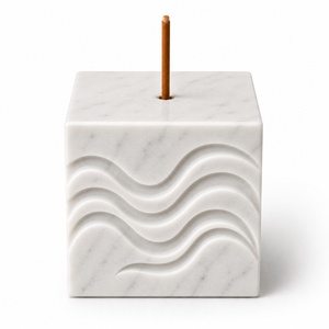 Quemador de incienso de mármol estriado con diseño cúbico, lujo en piedra, recogedor de cenizas, quemador de aroma moderno, decoración artesanal, ideal para meditación y mesa. - Product Image 2