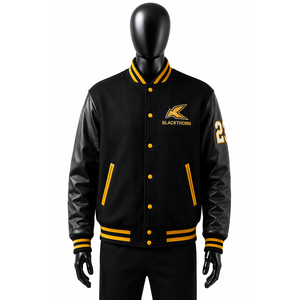 Chaqueta Varsity para Hombre, Cuerpo de Lana, Mangas de Cuero, Logotipo Bordado, Estilo Invernal, Cuello Acanalado - Product Image 2