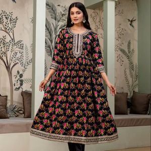 Vestido Anarkali Kurti con Estampado Floral para Mujer, con Pantalón y Dupatta con Borde de Encaje, Conjunto Tradicional Indio para Ocasiones Especiales - Product Image 1