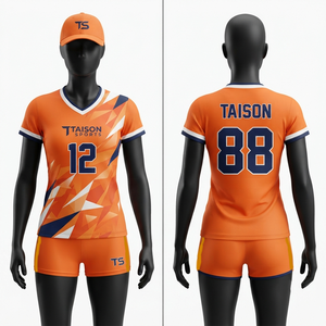 Women <b>Volleyball</b> Uniform 160 GSM Premium Interlock Polyester Orange Navy Sublimated Panel Custom Logo Team Name Number - Product Image 1