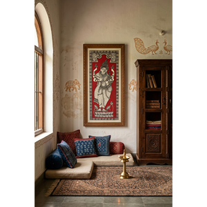 Handcrafted Black & <b>White</b> Pattachitra Painting of Goddess Saraswation Red Background - Occasion Indoor Living Room wall <b>Hanging</b> - Product Image 5