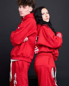 Red Hooded Winter Casual Sweatshirt Set with Heavyweight Cotton Fleece <b>Oversized</b> Pullover and Relaxed <b>Jogger</b> Pants Streetwear - Product Image 3