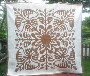Brown White Hawaiian Applique <b>Quilt</b> Hand Quilted Cotton Bedspread For Queen California King <b>Bedding</b> With Heirloom Craftsmanship - Product Image 5