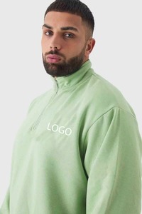 Men's Green Quarter-<b>Zip</b> <b>Hooded</b> Tracksuit 100% Cotton Anti-Pilling Fleece Loose Fit Full Length Solid Color Front Logo Casual - Product Image 2