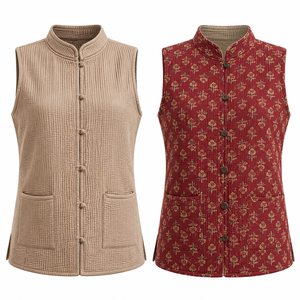 Women's Reversible Kantha Quilted Sleeveless <b>Jacket</b> Handmade Cotton Ethnic Vest <b>with</b> Pockets for Casual Wear - Product Image 1