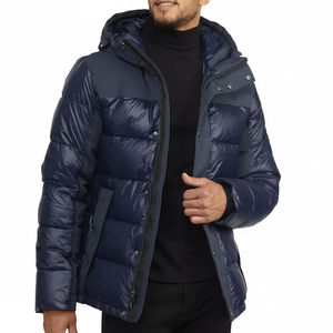 Chaqueta acolchada roja y negra con capucha, personalizada, gruesa, de invierno, para hombre, cálida, con cierre de cremallera. - Product Image 1