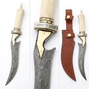 Cuchillo utilitario de hoja fija para exteriores de 26 cm, hecho a mano en acero inoxidable, con mango de hueso tallado y funda de cuero cosida. - Product Image 2
