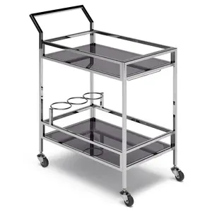 Carrito de bar de metal y vidrio de lujo con ruedas para hotel y hogar, moderno carrito de bar de metal de 3 niveles con estantes de vidrio seguros, chapado, Zahid Exports - Product Image 3