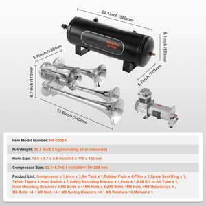 Kit de Klaxons de Train 4 Trompettes, Kit de Klaxons Pneumatiques 150 dB pour Camionnettes, Compresseur d'Air 12 V 160 psi, 2,6 Gallons/10 Litres, Avertissement de Circulation - Product Image 3