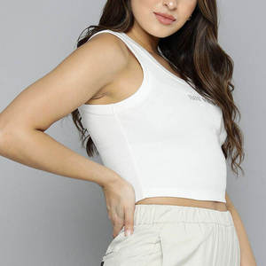 Women's White Knitted Scoop Neck Tank <b>Top</b> Solid Color Casual Crop <b>Top</b> Breathable Front Logo Design - Product Image 1