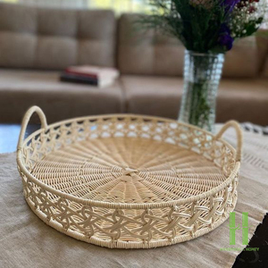 New Design <b>Round</b> Rattan Tray Hand-Woven <b>Wicker</b> Serving <b>Basket</b> with Wood Handles Sustainable Kitchen & Living Room Decor - Product Image 4
