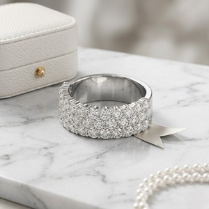 2.30 CTW Lab Grown E Color Brilliant Cut Diamond Triple Row Pave Set IGI Certified Luxury <b>Statement</b> <b>Ring</b> 10K Gold Engagement - Product Image 4