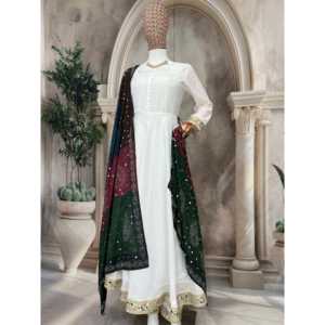 Robe Anarkali et pantalon Kavya Fab Designer avec dupatta en blanc, taille L, pour les soirées - Product Image 1