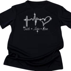 Camiseta de manga corta negra para hombre, cuello redondo, tejida, con pedrería, diseño de cruz, corazón, fe, esperanza, amor, estilo casual, corte regular, de spandex/algodón, de secado rápido. - Product Image 4