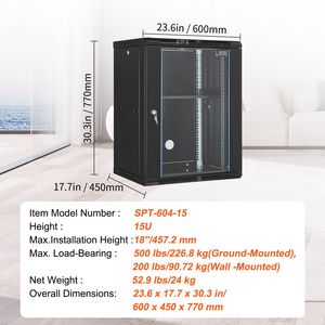 Gabinete de Red de 15U para Montaje en Pared con Capacidad de Carga de 500 Libras, Puerta de Vidrio Templado, Características de Bloqueo para Rack de Servidor - Product Image 4