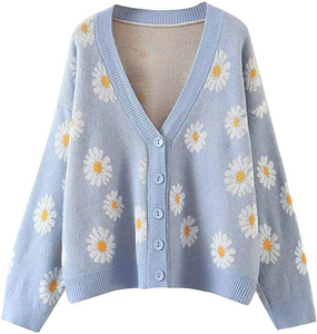 Cardigan en tricot à imprimé floral pour femmes, col en V, manches longues, fermeture à boutons, longueur intégrale, respirant, à porter en toutes saisons - Product Image 2