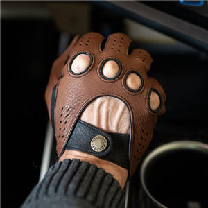 Leather <b>Driving</b> <b>Gloves</b> Full Finger Breathable Non-Slip Blue Stitching Adjustable Wrist Strap Unisex All Seasons - Product Image 5