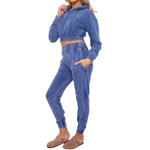 2 Piece Set Custom Logo <b>Vintage</b> Fleece Acid Washed Crop Top Hoodie Jogger Heavyweight Streetwear Tracksuit Hoodie Sweatpants Set - Product Image 1