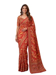 Sari en soie traditionnel indien rouge à imprimé numérique Ajrak avec blouse brodée de miroirs pour femme, tenue de mariage, longueur au sol, coupe classique - Product Image 2