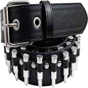 <b>Black</b> Genuine Leather <b>Belt</b> <b>With</b> Silver Bullet <b>Studs</b> Pin Buckle Rectangular Casual Durable Cow Hide 1 3/8 In Width - Product Image 2