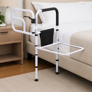 Dual Grab Handles Elderly Seniors Safety Bedside Assist Rail Walker Rollator Home <b>Storage</b> <b>Collapsible</b> White Powder Coated 100kg - Product Image 1