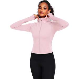 Pink Full Sleeve Stand Neck <b>Zipper</b> Front Crop <b>Top</b> High Waist Leggings Yoga Set Seamless Breathable Solid Color - Product Image 2