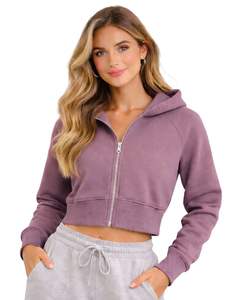 Sudadera con capucha corta para mujer, color morado polvoriento, de algodón y forro polar, corte ajustado, estilo casual, ligera, para mujer - Product Image 1
