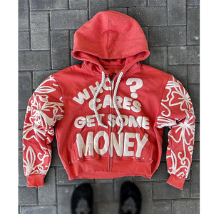 เสื้อฮู้ดดี้สีเทาสำหรับผู้ชาย ซิปหน้า พิมพ์ลาย Who Cares Get Some Money สไตล์สตรีทแวร์ ทรงโอเวอร์ไซส์ ใส่สบาย ผ้าถักนิตติ้ง คอตตอน ใส่ได้ในฤดูใบไม้ร่วง - Product Image 4