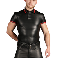 Camisa de Franela Negra de Manga Corta para Hombre, Estilo Motero, Cuello Alto, Formal, Verano, Color Sólido con Ribete Rojo y Cinturón en la Espalda