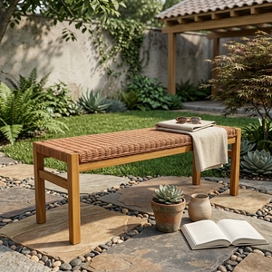 New Modern Minimalist Ciaro Wooden <b>Bench</b> Natural Solid Teak Wood Red Pulut Rattan Webbing Long <b>Bench</b> Dining Chair Patio Garden - Product Image 2