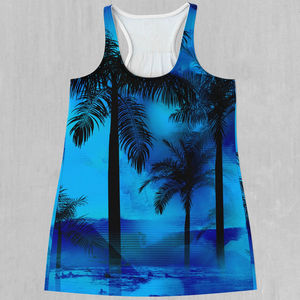 Camiseta sin mangas para mujer con estampado de palmeras azules, cuello redondo, tejido casual, transpirable, 100% poliéster, estampado por sublimación. - Product Image 1