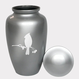 Finest Quality Aluminium Adult Cremation Urn <b>Slate</b> Grey Finish With Cardinal Bird Engraving & Lid Memorial Ashes Container - Product Image 1
