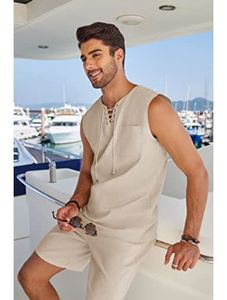 Mens Raw <b>Linen</b> Lace Up Tunic & Tailored Short Set This <b>two</b> <b>piece</b> ensemble features a sleeveless tunic - Product Image 4