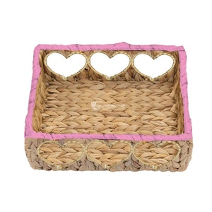 Pink Trim Water Hyacinth Square <b>Tray</b> with Heart Cutout Handles, Romantic Valentine Home Decor Wholesale - Product Image 1
