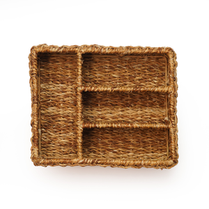 Handwoven Eco-Friendly Natural Seagrass 4-Compartment Storage Basket Tray for Cutlery, <b>Desk</b> & Cosmetic Organization - Product Image 5