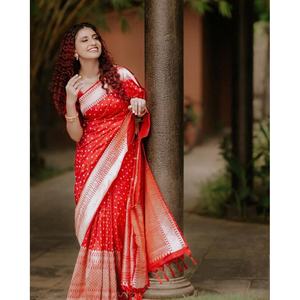 TRADITIONAL BANARASI BORDER WORK SAREE WITH UNSTITCHED <b>BLOUSE</b> <b>RED</b> - Product Image 1