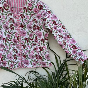 <b>Women</b> Quilted Cotton <b>Jacket</b> Floral Print Full Sleeve V-Neck <b>Spring</b> Outerwear Button Closure Regular Length - Product Image 5