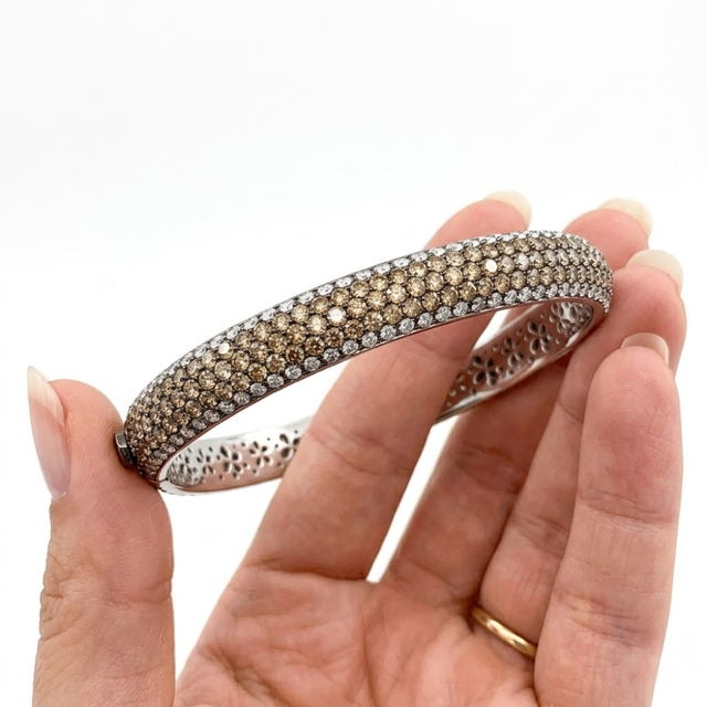 Solid 18k White Gold Natural Brown Champagne Genuine Diamond Wide Dome Bangle Full Pave Setting Luxury Statement Fine Jewelry