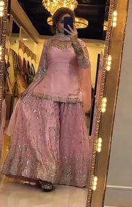Traditional <b>Indian</b> Pakistani Women's lIGHT PINK Silk <b>Kurta</b> Set With Floral Embroidery Floor-Length Wedding Wear Regular Fit - Product Image 2