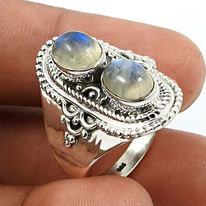 Anillo bohemio de plata de ley 925 antiguo con piedra lunar arcoíris, anillo de alta calidad con dos gemas ovaladas para niñas - Product Image 3