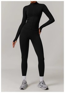 Ensemble de leggings de yoga sans couture à taille haute et manches longues, col rond, couleur unie, 2 pièces, en Spandex/Nylon extensible dans les quatre sens - Product Image 2