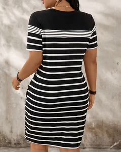 Plus Size Women Jersey Striped T-Shirt Dress Natural Waist Short Sleeve Bodycon Knee-Length Casual Summer Dress - Product Image 3