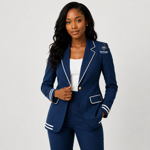 Blazer de Lujo para Mujer, Ropa Masónica, Hermandad, Fraternidad, Estilo Griego, Chaqueta Azul Marino con Ribete Blanco, Cierre de un Botón - Product Image 1