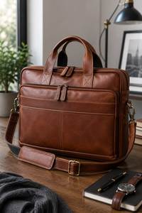 Sac à main pour homme en cuir véritable marron, sac messager d'affaires avec bandoulière et fermeture à glissière - Product Image 1