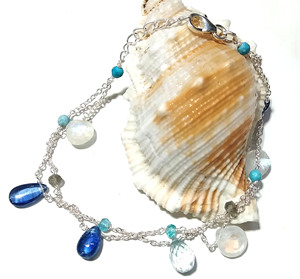 Natural Blue Kyanite & Moonstone Charm <b>Bracelet</b>, 925 Silver Layered Gemstone <b>Bracelets</b>, Delicate Layered Chain Jewelry - Product Image 6