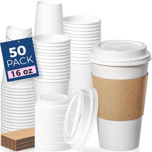 Confezione da 50 Bicchieri di Carta Resistenti da 16 oz per Caffè Caldo con Coperchi Antigoccia e Manicotti, Ideali per Asporto e Uso Domestico - Product Image 1