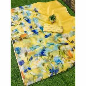 ผ้าไหมพิมพ์ดิจิตอลผ้านุ่มทันสมัยพร้อมผ้าทอขอบสีทองเสื้อสีเหลือง - Product Image 1