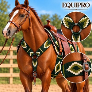 ชุดสายรัดอกและสายรัดเอวสำหรับม้า EQUIPRO สีเขียว ทำจากขนสัตว์และหนัง พร้อมลายเพชรและหัวเข็มขัดหนังแบบ Concho (ขนาด 24"-36") - Product Image 3